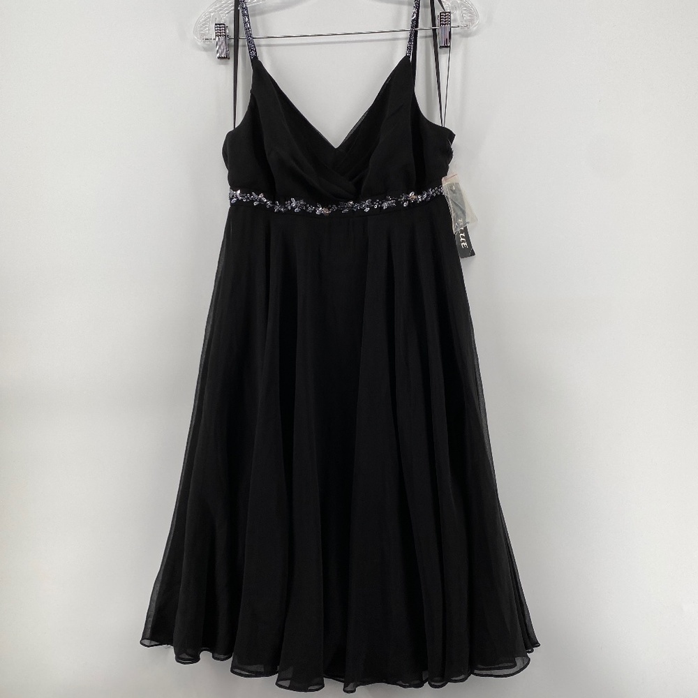 Eva Blue Dress Woman's Size 6 Midi Slinky Black Beaded Spaghetti Strap Zip